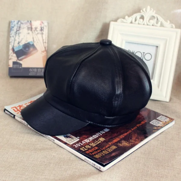 HT1368 Plain Leather Beret Caps Men Women Vintage Artist Painter Octagonal Caps Solid Autumn Winter Hats Black Red Grey - Image 2